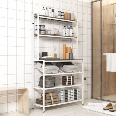 Actual Modern 6-Tier Baker Rack,Freestanding Bar Wine Rack Table with Glass & Cup Holders,Multi-Function Metal Book Shelf and Office Rack,for Home Kitchen Dining Room (Dark Brown+White)