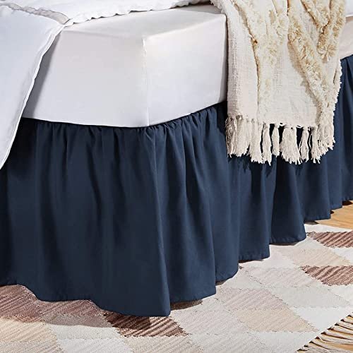 Rainbowlinens Luxury Soft Fluffy Navy Blue Ruffled Bed Skirt Full XL Size 15 Inch Drop Three Sided Coverage with 750 Thread Count Egyptian Cotton Long Lasting Lightweight Gatherd Bed Skirt