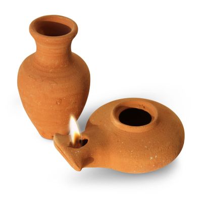 Biblical Herodian Clay Oil Lamp with Jar - Authentic Terracotta Replica from Holy Land Archaeological Finds - Handmade Christian & Jewish Faith Artifact