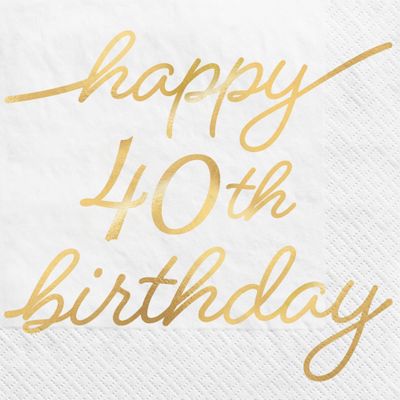 Golden Age 40th Birthday Paper Party Napkins - 5" x 5" | White | Pack of 16