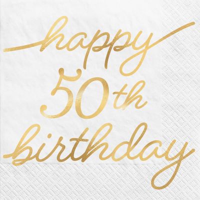 Golden Age 50th Birthday Paper Party Napkins - 5" x 5" | White | Pack of 16