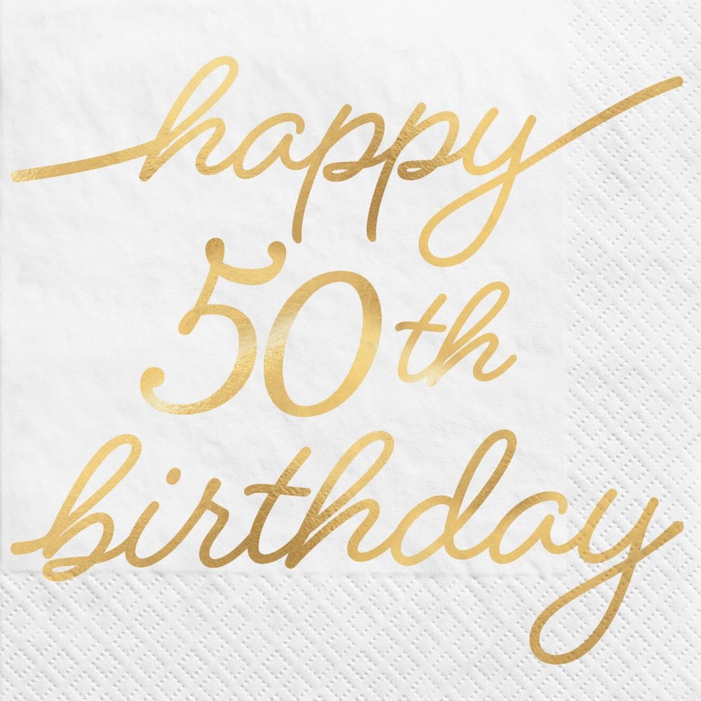 Golden Age 50th Birthday Paper Party Napkins - 5" x 5" | White | Pack of 16