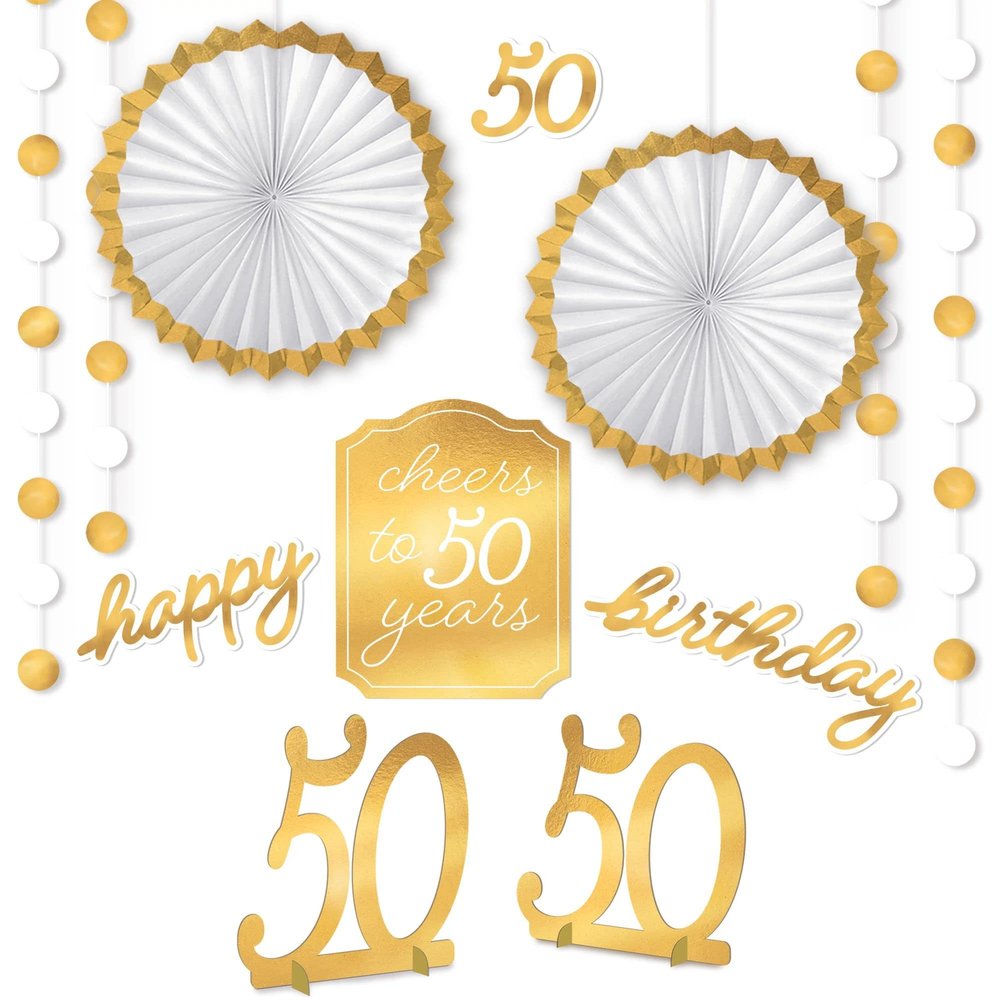 Luxurious Golden Age "50th" Birthday Room Decor Kit - Dazzling Gold Event Decorations - Complete Party Set - Ideal for Memorable Milestone Celebration
