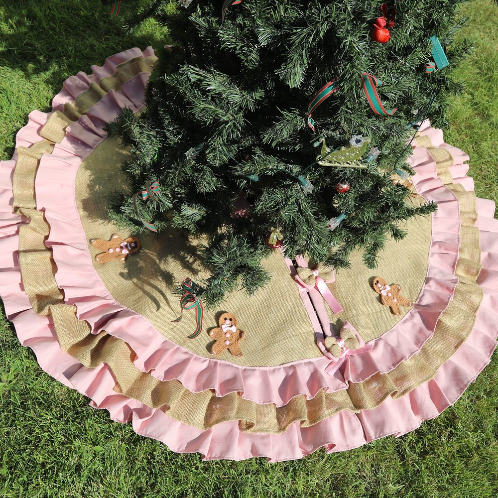 Burlap Pink Tree Skirt with Pink Crocheted Gingerbread Man Dusty Pink Ruffle Christmas Tree Skirt Rustic Holiday Decor Pink Xmas Tree (40, Standard)