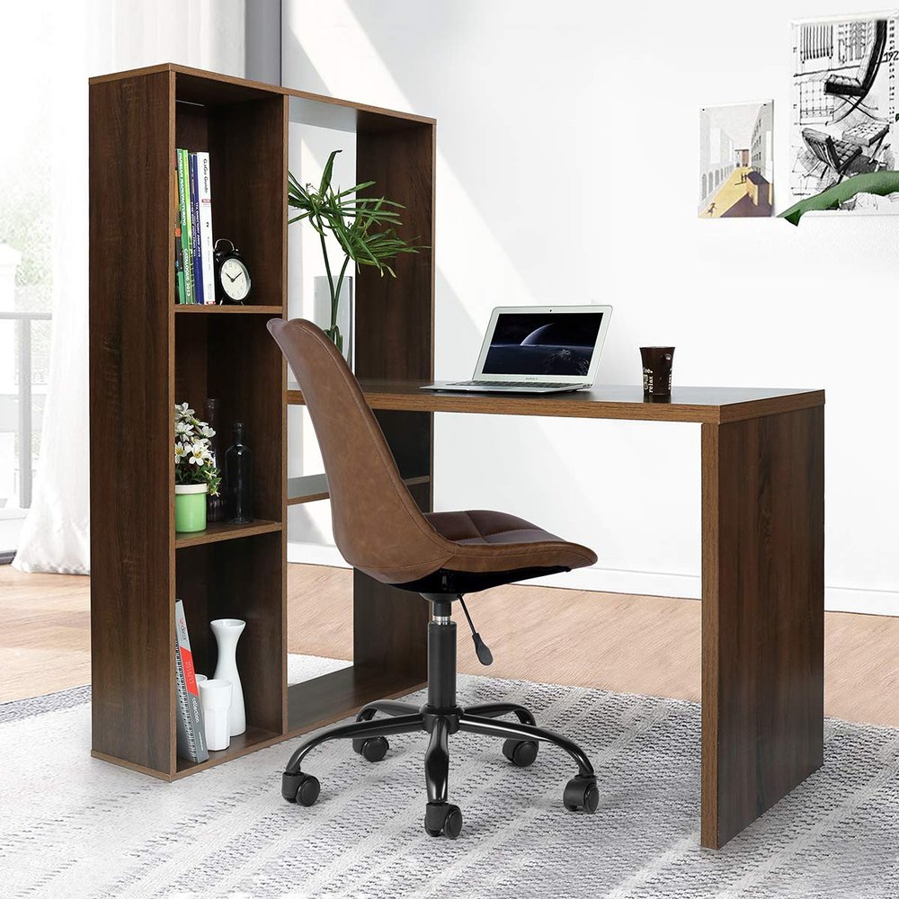 Computer Desk, L-Shaped Desk with 6-Tier Storage Shelves, Multifunctional Wood Writing Table for Home Office Study (Walnut+Wood)