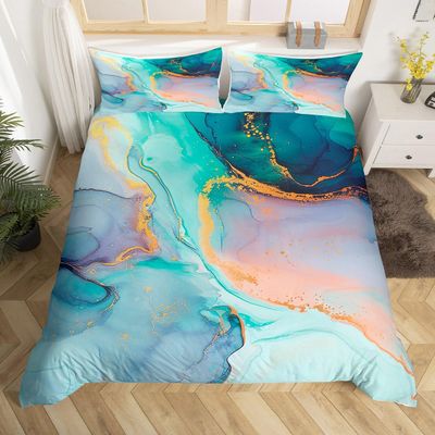 Green Marble Bedding Set Twin Size,Emerald Gem Style Marbling Duvet Cover for Kids Boys Bed Comforter Cover Set,Luxury Golden Ripple Bedding Quilt Cover Set Decorative 2 Pieces
