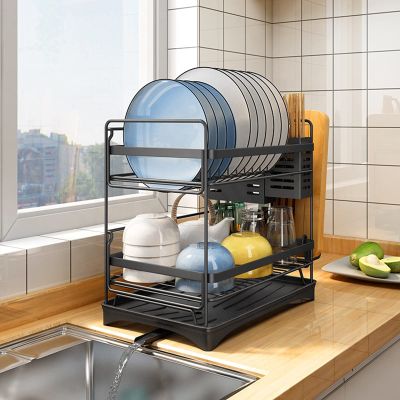 Dish Drying Rack for Kitchen Stainless Steel Dish Drainer with Drain Board and Utensil Holder Simple Easy to Use Drain Water Directly into The Sink,Black,2 Layers