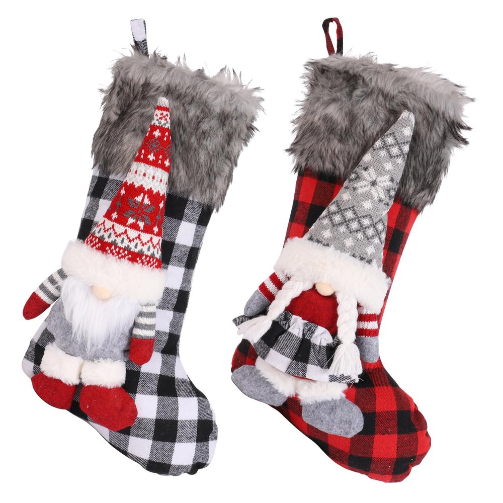 Anntool 2 Pcs Buffalo Plaid Christmas Gnome Stockings, 19 Inch Large Size Cotton Checkered Fireplace Hanging Stockings with Faux Plush Cuff, 3D Gnomes Ornaments Candy Gift Bags for Home Decor