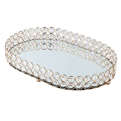 Golden Jewelry Storage Box Tray Glass Mirrored Crystal Cosmetic Make Up Organizer Home Decoration Rack Desktop Plate Tray (Large)