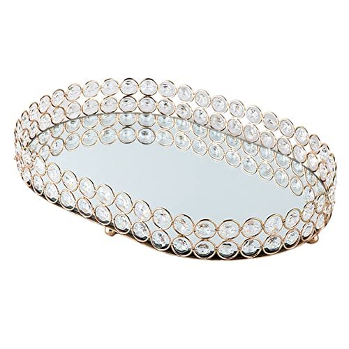Golden Jewelry Storage Box Tray Glass Mirrored Crystal Cosmetic Make Up Organizer Home Decoration Rack Desktop Plate Tray (Large)