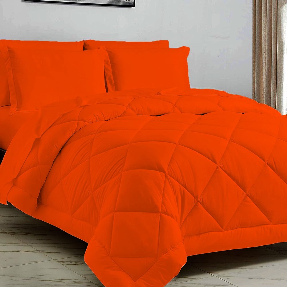 7 PCS Bed-in-A-Beg Bedding Set Includes 1 Flat, 1 Fitted, 4 Pillowcases and 1 Box Stitched Comforter 100% Egyptian Cotton 500 GSM Full-Orange Ultra Soft Cooling Set Fits Upto 15" Deep
