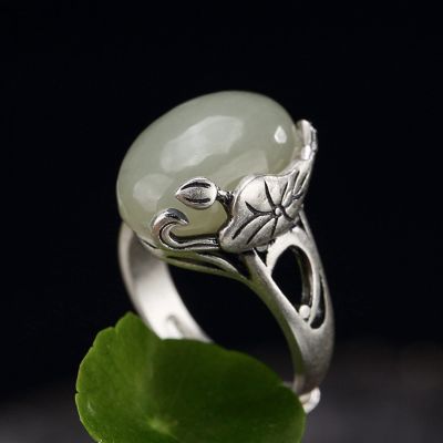 CAOMIAN Natural Jadeite Jade Ring with 925 Sterling Silver Rings 925 Ring Nickles Women Lotus Jade Ring for Women Jade Jewelry