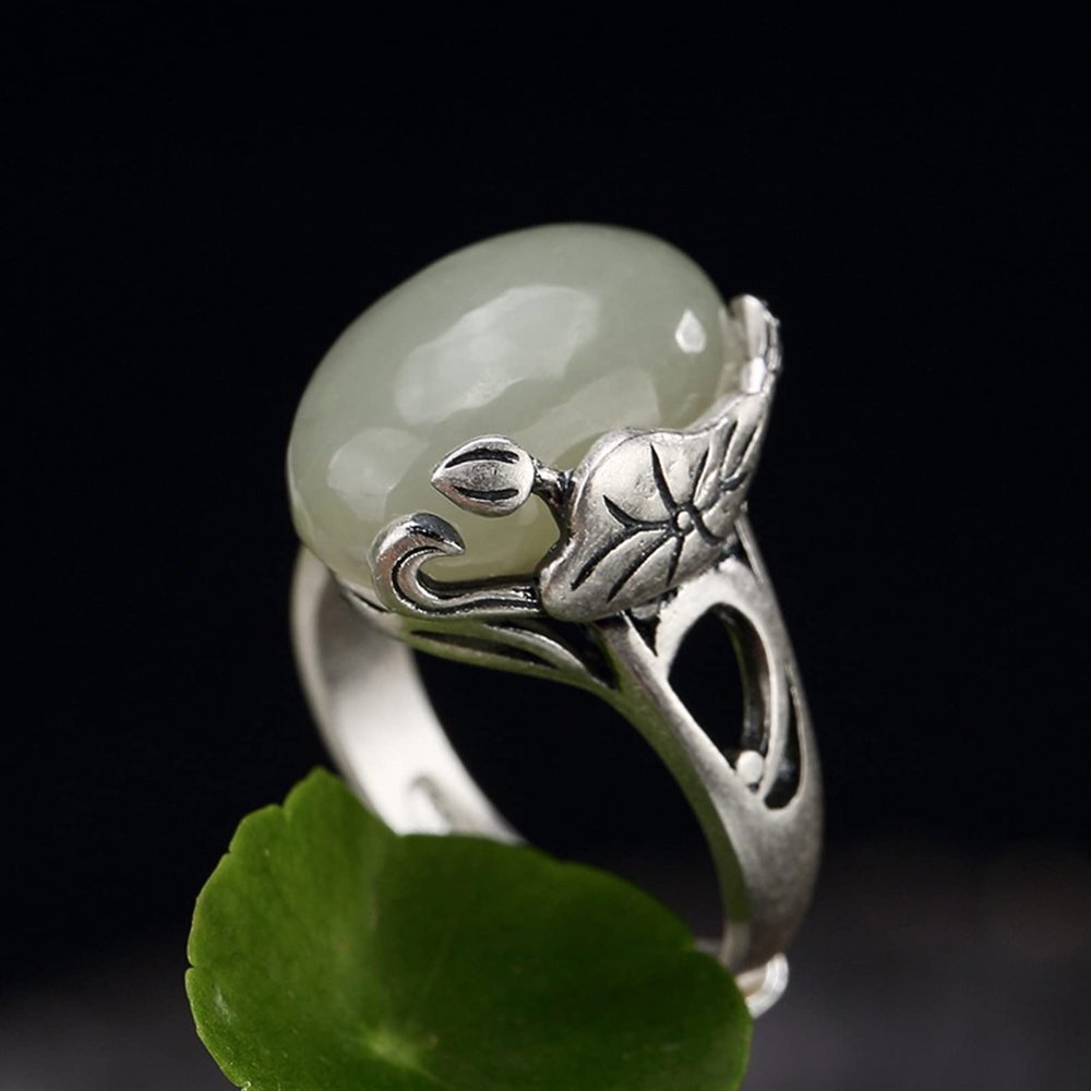 CAOMIAN Natural Jadeite Jade Ring with 925 Sterling Silver Rings 925 Ring Nickles Women Lotus Jade Ring for Women Jade Jewelry