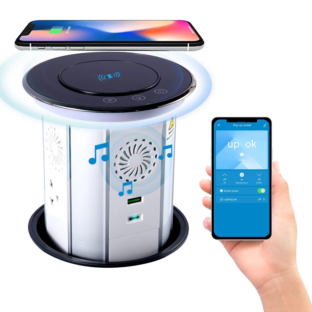 APP Remote Control Pop Up Outlet,3AC/2USB,15W Wireless Charger,with Speaker