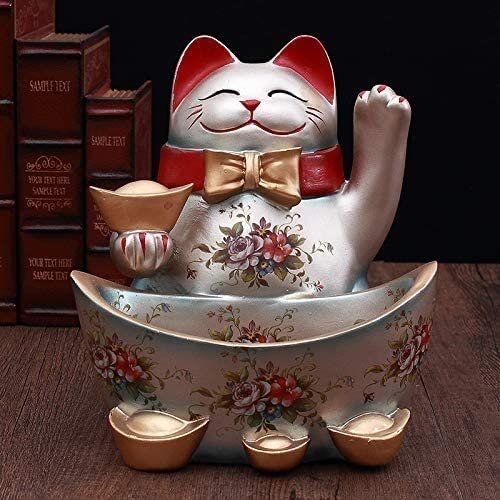 LJYT Resin Maneki Neko Feng Shui Lucky Cat Fortune Cat Desk Supplies Storage Organizer Remote Controller Holder Container Sundries Box (Color : White)
