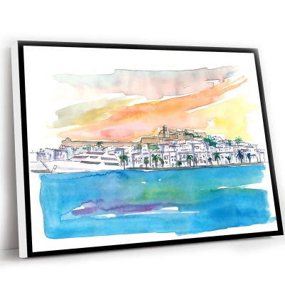 Black Office Decor,Chic Living Room Decor,Ibiza Eivissa Port Tour At Sunset Wall Decoration Edition Fine Art Print Watercolor Prints,The Office Wall Art,16x24 Inch Framed Wall Art