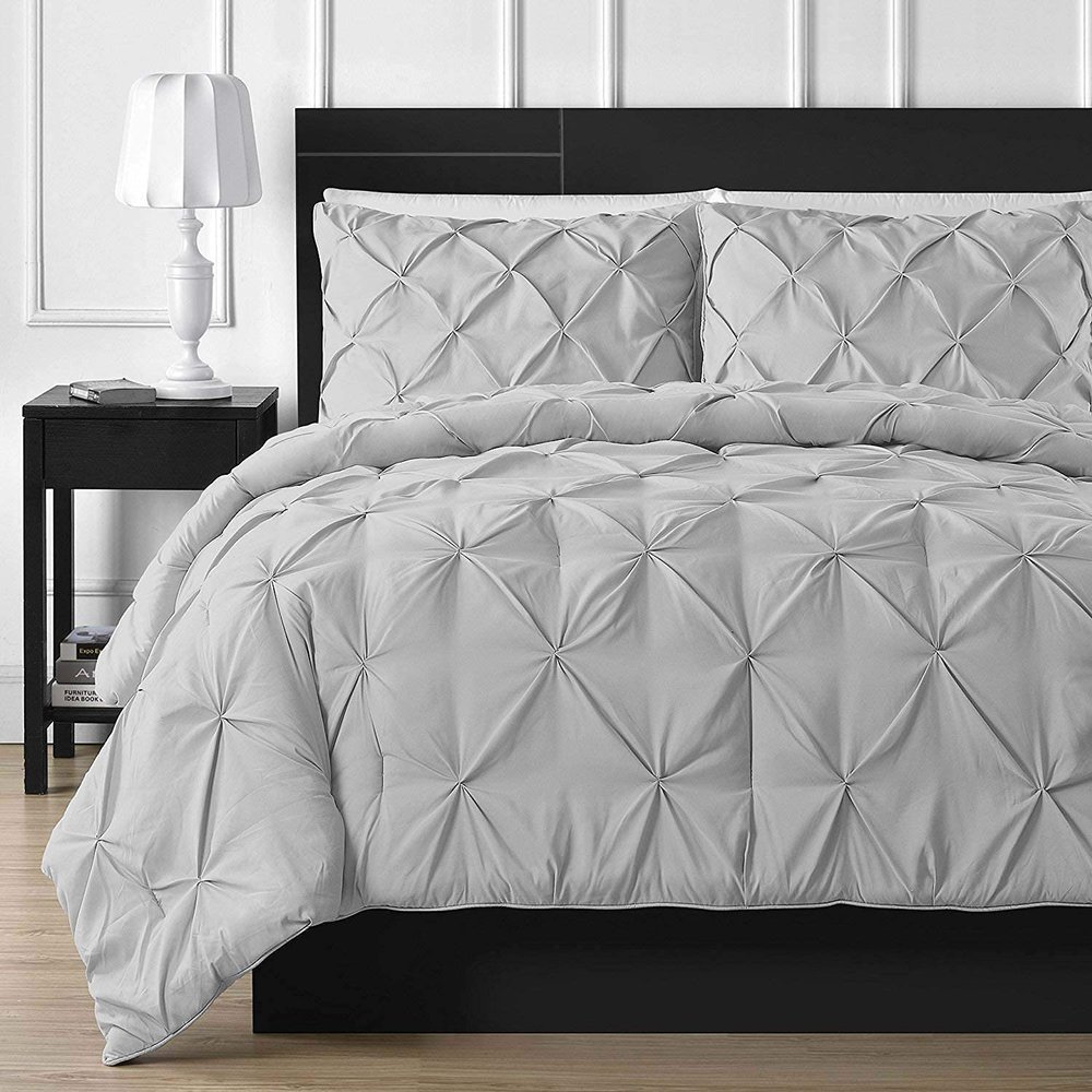 1 Piece Cotton with Zipper Colser Pinch Pleated Duvet Cover King/Cal-King 94x104 Light Grey 2pcs Pillow Case Set