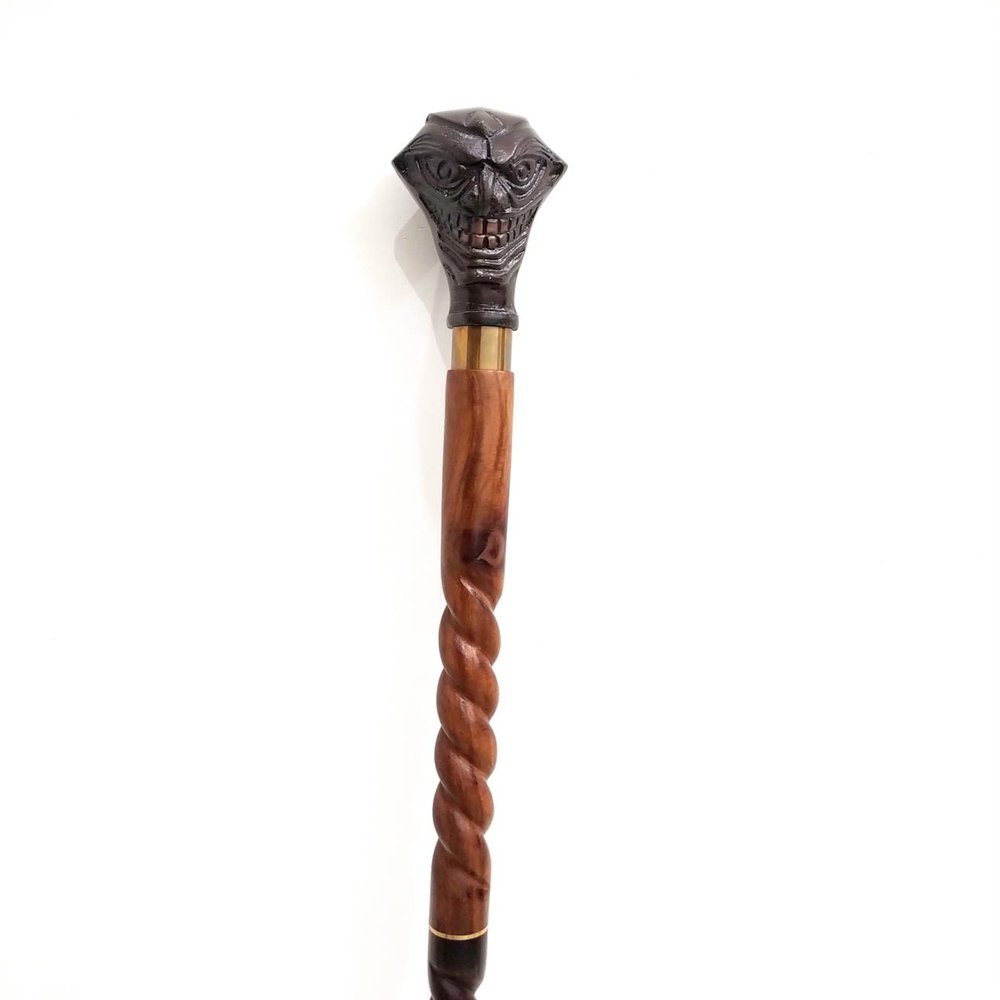 Brown Antique Style Spiral Rope Joker Handmade Victorian Handcrafted Head Brass Wands Walking Cane Sticks-