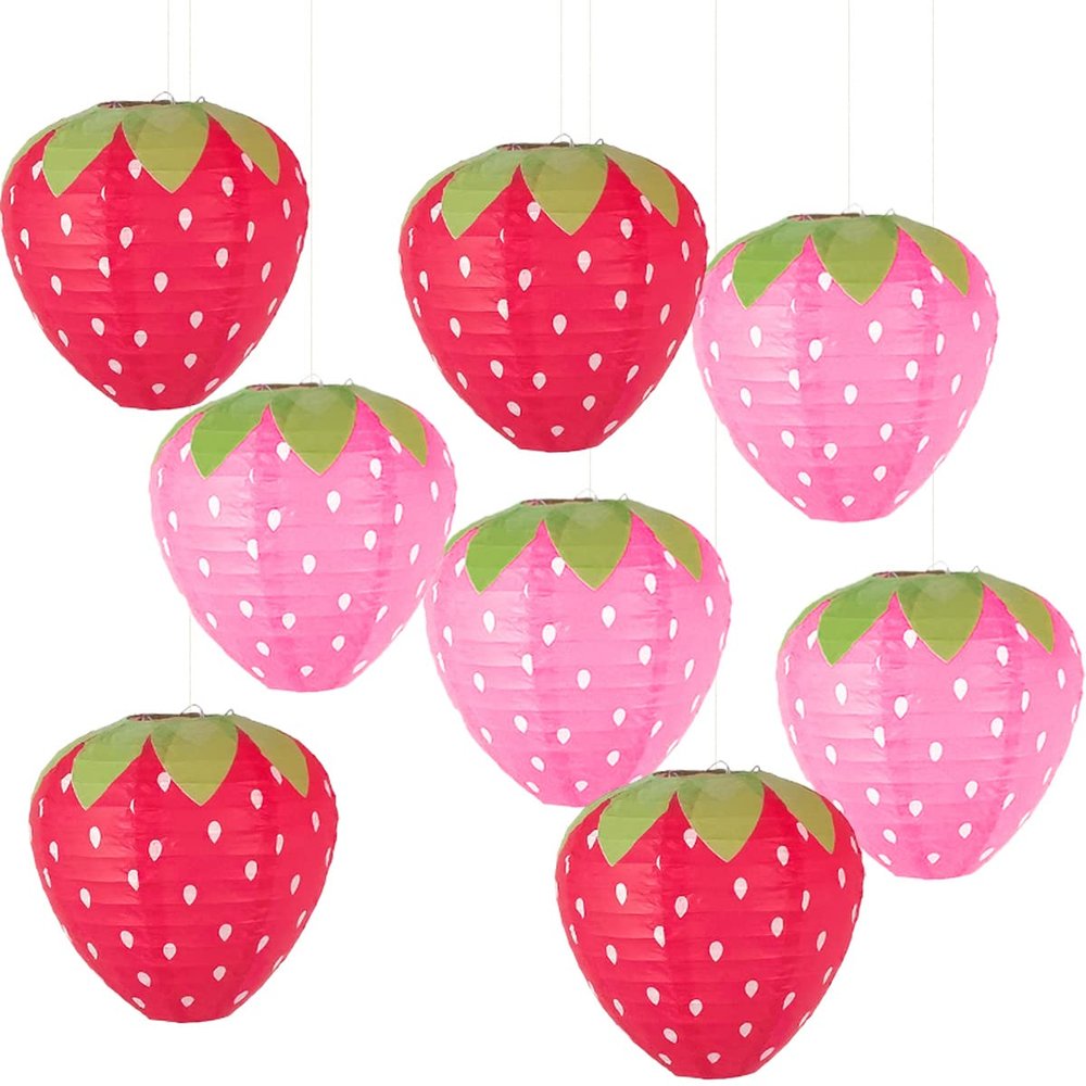 8PCS Red and Pink Strawberry Lanterns for Fruit Themed Party Decor Kids Birthday Strawberry Decorations Hungry Caterpillar Party Supplies Hanging Ornaments