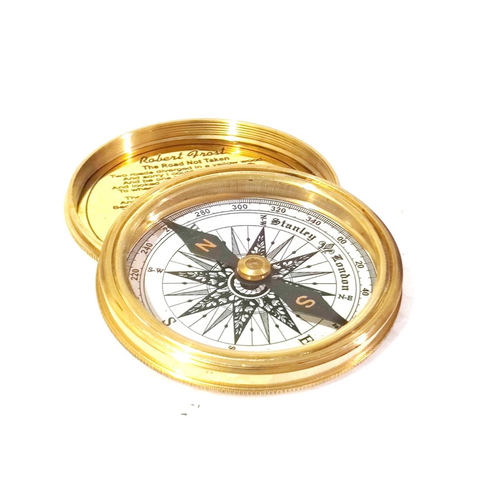 Golden Polish Brass Compass Robert Frost Poem Pocket Marine Collectible Maritime Antique Vintage Style
