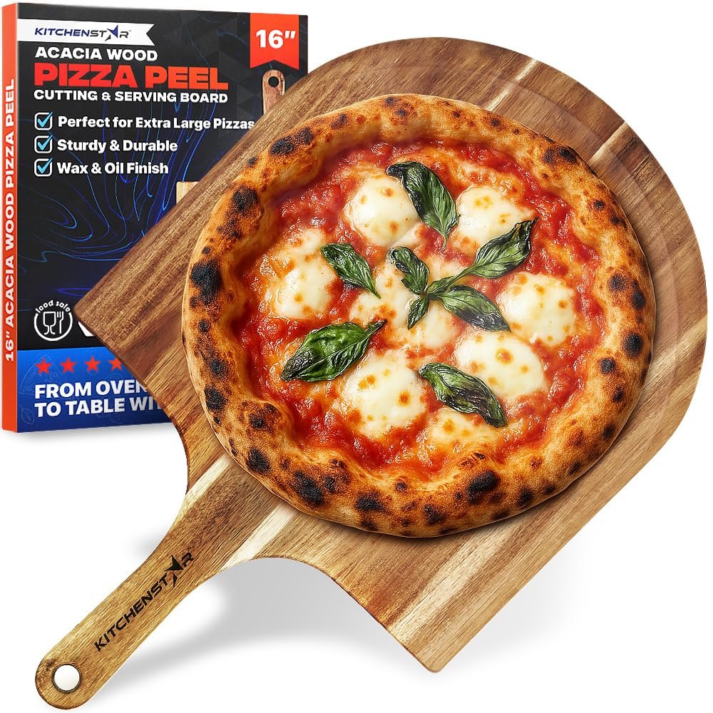 KitchenStar 16-Inch Acacia Wood Pizza Peel  Extra Large Wooden Cutting & Serving Board with Handle  Natural Oil Finish  Ideal Pizza Oven Accessory for Easy Sliding & Prep