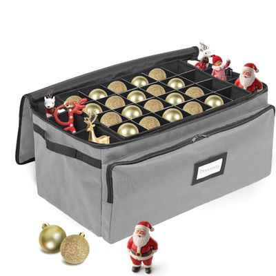 Premium Christmas Ornament Storage Box  Holds up to 72-3 Ornaments + 6 Side Slots for Figurines & Nutcrackers  Holiday Decoration Organizer  Durable 600D Grey Canvas