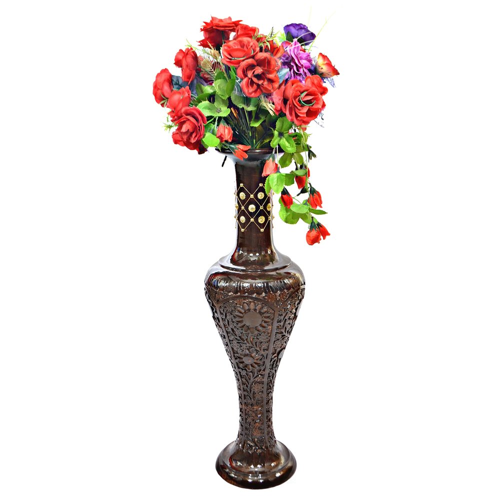Uniquewise Antique Decorative Brown Hand Curved Mango Wood Floor Flower Vase with Unique Textured Pattern, 30 Inch (QI004011)