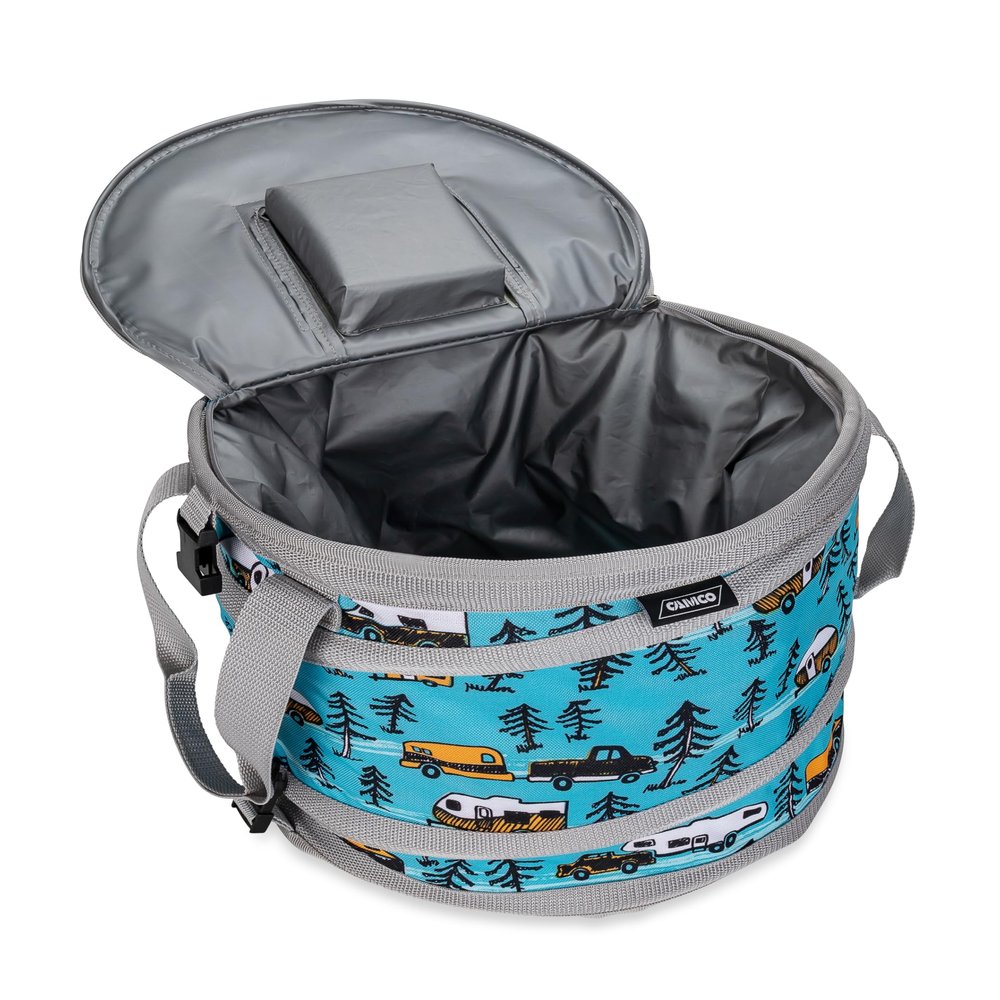 Camco Life is Better at The Campsite Pop-Up Soft Cooler - Features a Water-Resistant Interior, Built-in Bottle Opener, and RV Sketch Design - Holds Up to a 12-Pack of Bottled or Canned Drinks (53417)