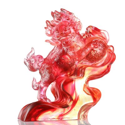 LIULI Crystal Art, Foo Dog, A Thunderous Presence (Amber/Gold red Clear)