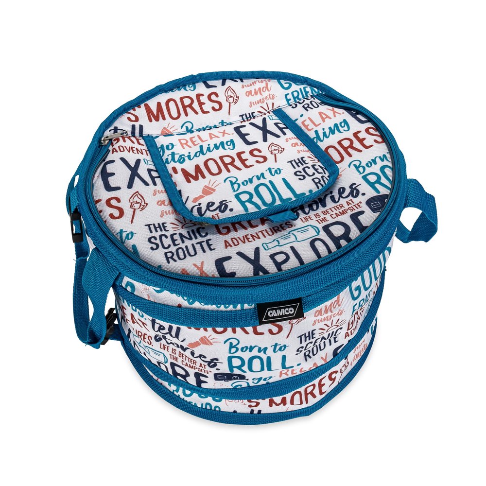 Camco Life is Better at The Campsite Pop-Up Soft Cooler - Features a Water-Resistant Interior, Built-in Bottle Opener, and Camping Graffiti Design - Holds Up to a 12-Pack of Bottles or Cans (53416)