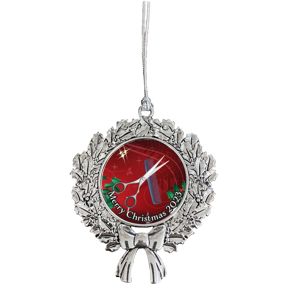 Hair Stylist Barber Red Background Merry Christmas Ornament Wreath Design