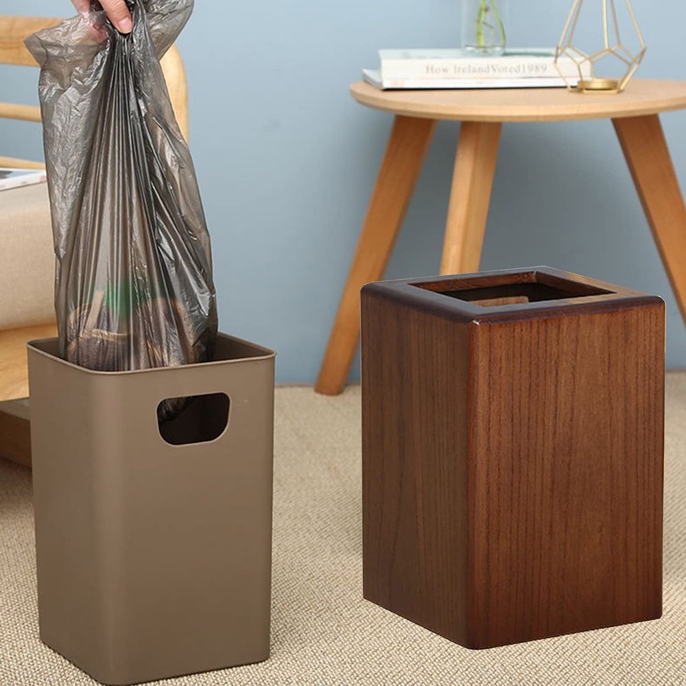 CL-ZZZ Wooden Square Trash Can with Plastic Rubbish Bin, Eco- Friendly Rubbish Bin, Solid Wood Waste Storage, for Bedroom Living Room Bathroom, Dark Brown