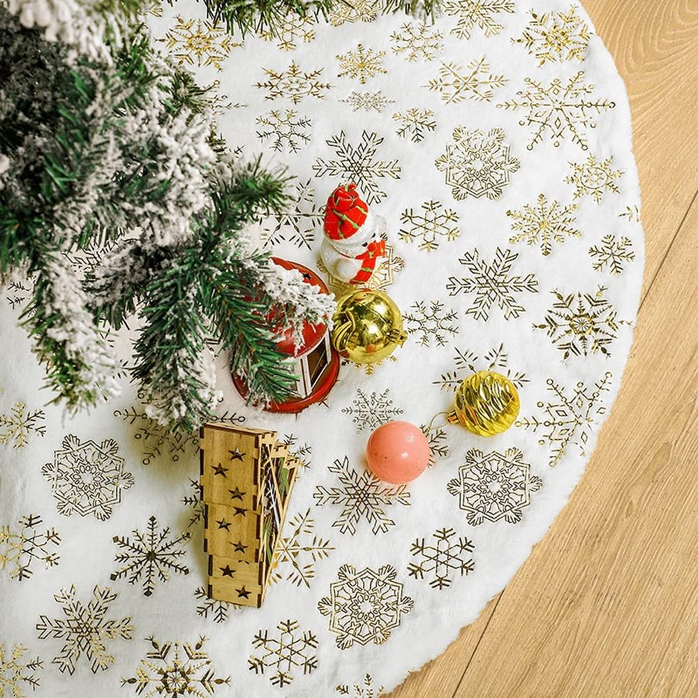Christmas Tree Skirt White, 48 Inch Short Plush Bronzing Snowflake Christmas Tree Mat, Xmas Tree Ornaments for Holiday Party Decorations
