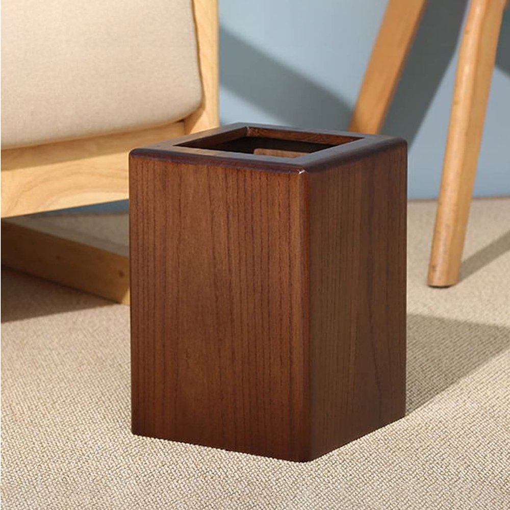CL-ZZZ Square Trash Can Wooden Waste Paper Basket, Living Room Waste Basket, Simple Wastepaper Bin with Plastic Rubbish Bin, Dark Brown