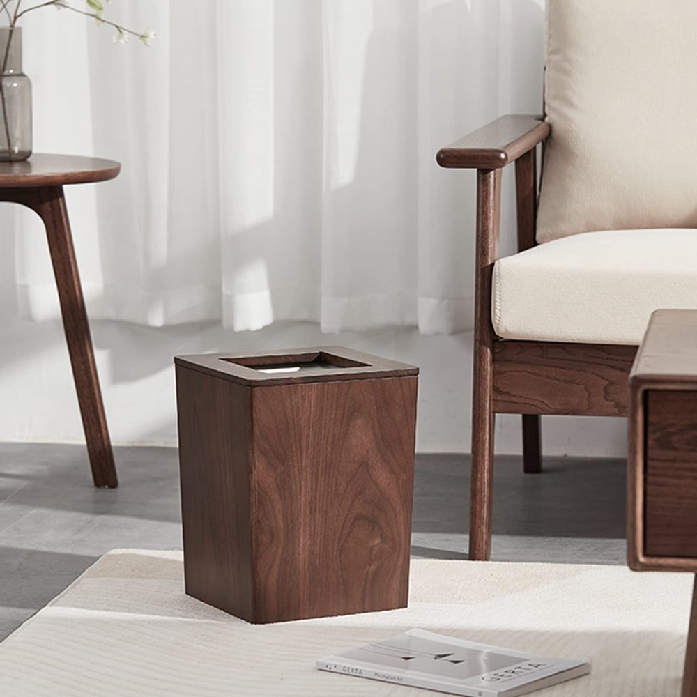 CL-ZZZ Wooden Trash Bin, Waste Bin Cube Shape Paper Recycling Basket with Lid, for Bedroom, Living Room, Bathroom, Office, Dark Brown Natural Wood
