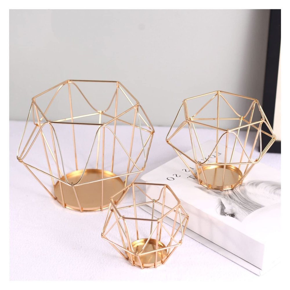 3 Pcs Gold Metal Pillar Candle Holders, Geometric Elegant Tealight Holders, Tea Light Candle Holder Centerpieces for Wedding Christmas Home Coffee Tables Ceremony Anniversary Halloween Decor