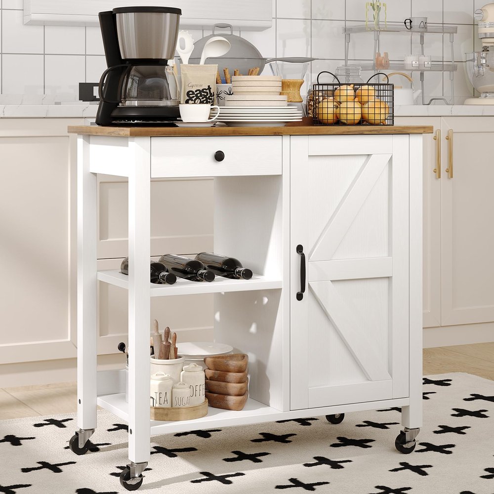 4 EVER WINNER Small Kitchen Island with Storage, Kitchen Island on Wheels with Wine Rack, Coffee Cart, Microwave Cart for Kitchen,Dining RoomWhite