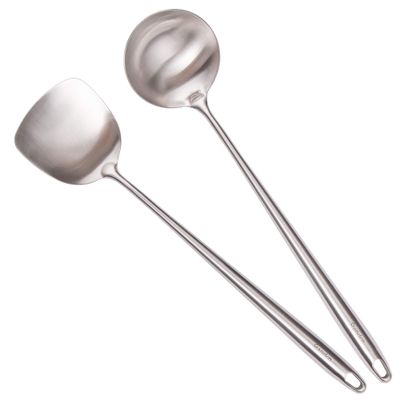 17 Wok Spatula and Ladle - 304 Stainless Steel Wok Tools Set, 2-Pieces Extra Long Handle Cooking Tools, All Metal Wok Utensils and Wok Accessories for Cast Iron/Carbon Steel Wok