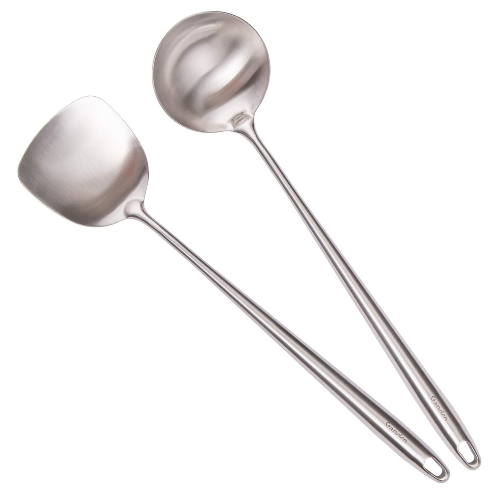 17 Wok Spatula and Ladle - 304 Stainless Steel Wok Tools Set, 2-Pieces Extra Long Handle Cooking Tools, All Metal Wok Utensils and Wok Accessories for Cast Iron/Carbon Steel Wok