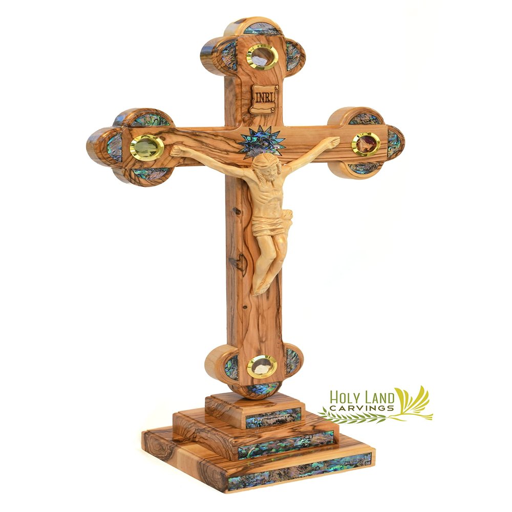 18 Inch Standing Crucifix Made of Olive Wood and Mother of Pearl, Wooden Crucifix on Stand, Holy Land Crucifix, Large Crucifix Cross