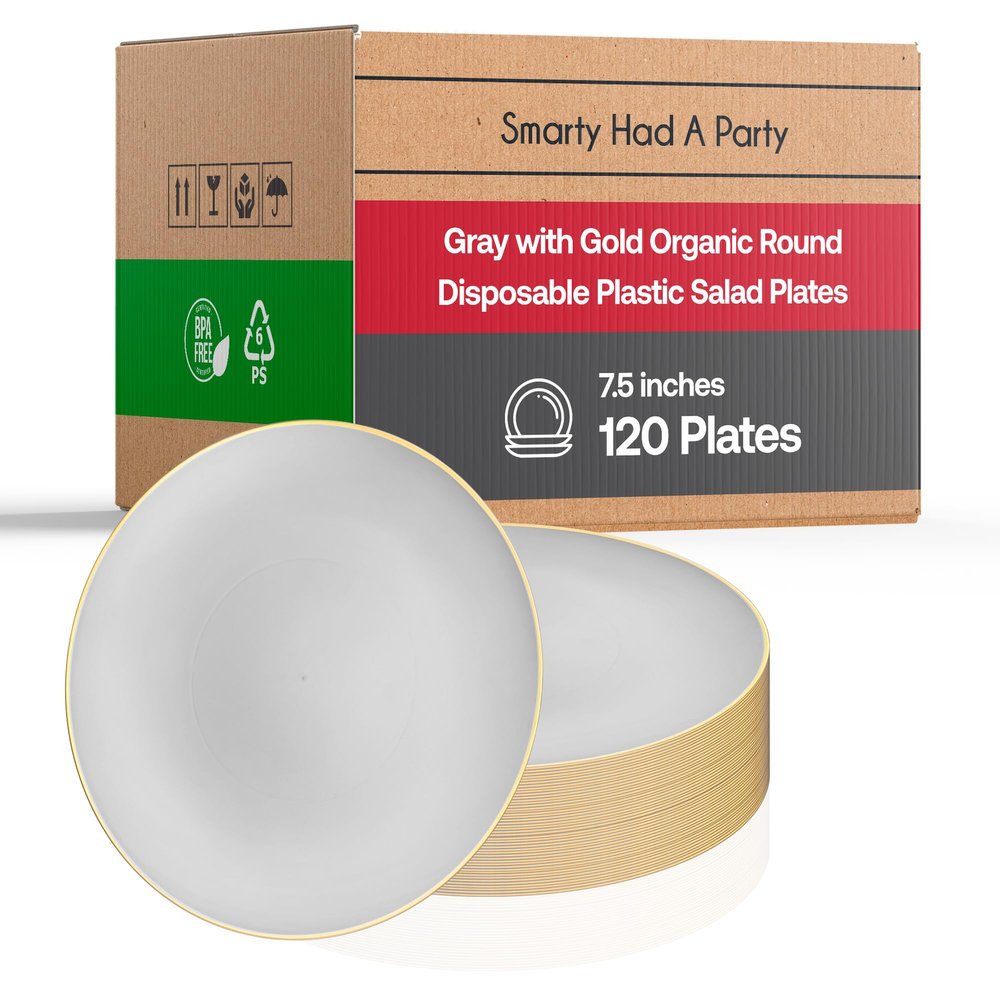 Disposable Plastic Plates with Rim Design, Organic Round Dinnerware Bulk Order for Wedding, Birthday & All Occasions (Gray with Gold, 7.5" Salad Plates (120 Plates))