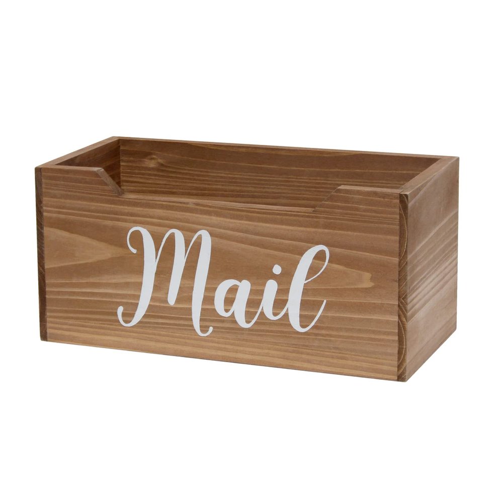 Elegant Designs HG2010-NMW Rustic Farmhouse Wooden Tabletop Decorative Script Word Mail Organizer Box, Letter Holder Office-Accessories-and-dcor, Natural Wood/White