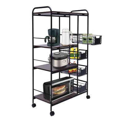 4-Tier Kitchen Storage Shelf 360 Rolling Display Storage Rack Trolley with 4 Push-Pull Drawers, Utility Cart Metal Basket with Wheels, Fruit Vegetable Basket Rack Storage Bins Shelf for Home Kitchen