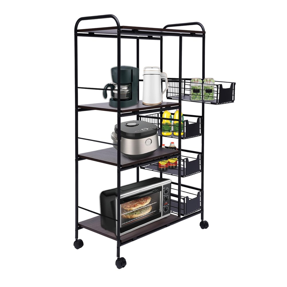 4-Tier Kitchen Storage Shelf 360 Rolling Display Storage Rack Trolley with 4 Push-Pull Drawers, Utility Cart Metal Basket with Wheels, Fruit Vegetable Basket Rack Storage Bins Shelf for Home Kitchen