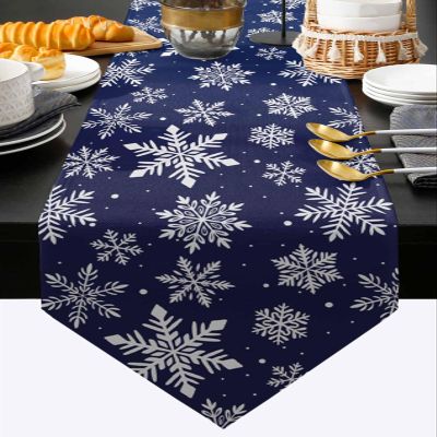 Christmas Snowflake Table Runner 36 Inches Long Cotton Linen Tablerunner, Winter Xmas Holiday Blue Burlap Kitchen Dinner Table Runners Farmhouse Tabletop Dresser Scarves for Kitchen Dinner Party