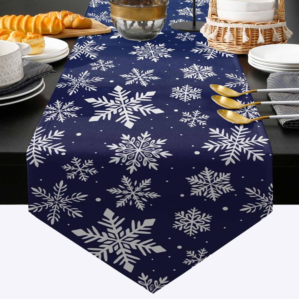 Christmas Snowflake Table Runner 36 Inches Long Cotton Linen Tablerunner, Winter Xmas Holiday Blue Burlap Kitchen Dinner Table Runners Farmhouse Tabletop Dresser Scarves for Kitchen Dinner Party