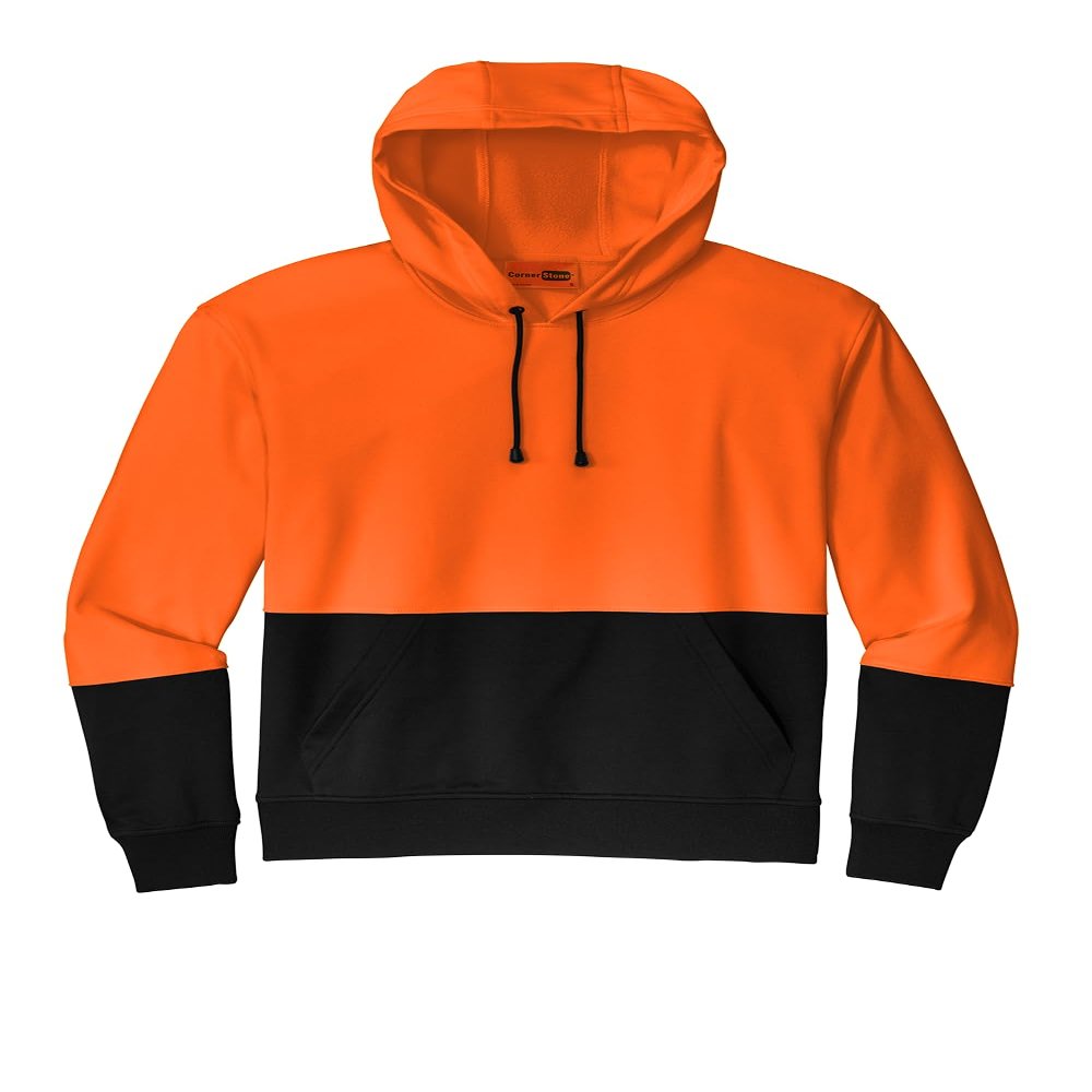 CornerStone Unisex Enhanced Visibility Fleece Pullover Hoodie | Vibrant Neon Sweatshirt for Work, Lightweight Fleece Jacket, Safety Orange, Medium