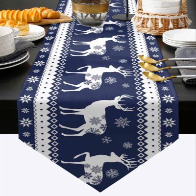 Christmas Cotton-Linen Triangle Table Runners 70 Inches Long, Xmas Elk Snowflake Blue Merry Christmas Dresser Scarves Table Decoration for Wedding Party/Graduation Ceremony/Banquet (13x70 inch)
