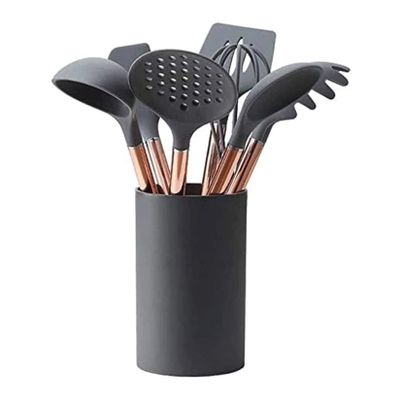 XIXIDIAN Silicone Cooking Utensil Set, 8 pcs Kitchen Utensils Set Non- Stick Heat Resistant Cookware Copper Stainless Steel Handle Cooking Tools Turner Tongs Spatula Spoon