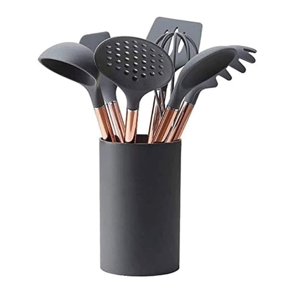 XIXIDIAN Silicone Cooking Utensil Set, 8 pcs Kitchen Utensils Set Non- Stick Heat Resistant Cookware Copper Stainless Steel Handle Cooking Tools Turner Tongs Spatula Spoon